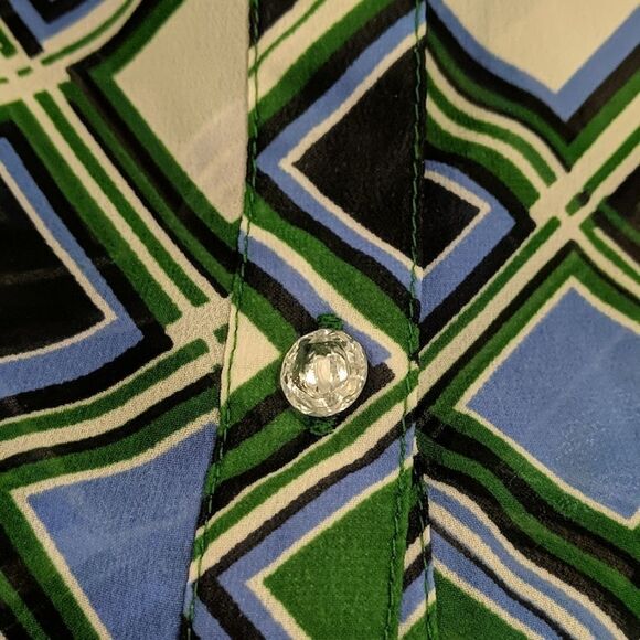 Banana Republic blouse top size medium diamond blue green print ruffle - Picture 4 of 6